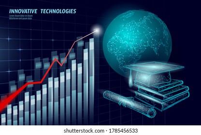 Global international online education. E-learning distance concept. Graduate certificate program. Low poly 3D internet education course World map vector illustration