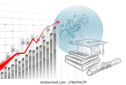 Global international online education. E-learning distance concept. Graduate certificate program. Low poly 3D internet education course World map vector illustration