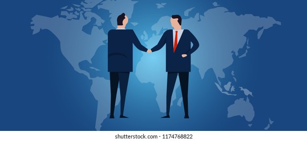 Global international partnership. Diplomacy negotiation. Business relationship agreement handshake. Country flag and map. Corporate world wide business investment. Vector