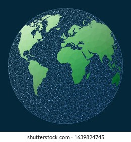 Global internet business concept. Gilbert projection. Green low poly world map with network background. Captivating connections map for infographics or presentation. Vector illustration.