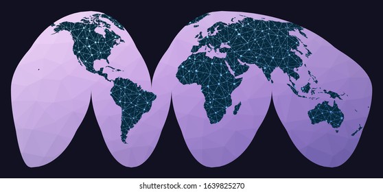 Global internet business concept. Goode's interrupted homolosine projection. World network map. Wired globe in Interrupted Homolosine projection on geometric low poly background.