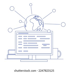 Global internet communications. World wide web on computer via wireless satellite network technology. Laptop digital connection at clouds services of all earth. Monitor and globe in line art style