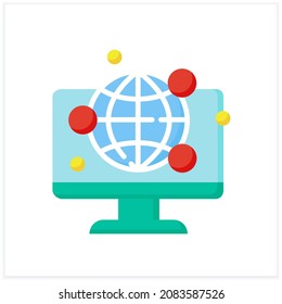 Icono plano de la comunidad global de internet. Redes. Medios sociales. Comunicación en línea, charlando. Blogueo y transmisión. Red social. Datos globales. 3.ª ilustración vectorial