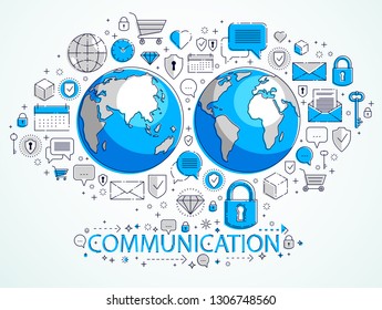 Global internet connection concept, planet earth with different icons set, internet activity, big data, global communication, vector, elements can be used separately.