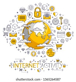Global internet connection concept, planet earth with different icons set, internet activity, big data, global communication, vector, elements can be used separately.