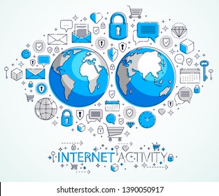Global internet connection concept, planet earth with different icons set, internet activity, big data, global communication, vector, elements can be used separately.