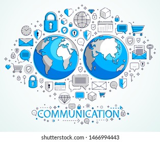 Global internet connection concept, planet earth with different icons set, internet activity, big data, global communication, vector, elements can be used separately.