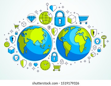 Global internet connection concept, planet earth with different icons set, internet activity, big data, global communication, vector, elements can be used separately.