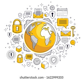 Global internet connection concept, planet earth with different icons set, big data, internet activity, global communication, vector, elements can be used separately.