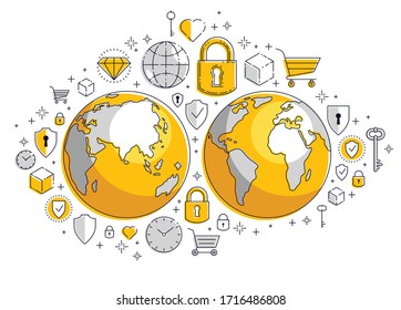 Concepto de conexión a internet global, planeta tierra con diferentes iconos, grandes datos, actividad de internet, comunicación global, vectores, elementos pueden ser usados por separado.
