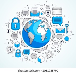 Global internet connection concept, planet earth with different icons set, internet activity, big data, global communication, vector, elements can be used separately.