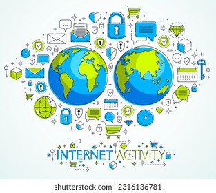 Globales Internetverbindungskonzept, Planet Erde mit verschiedenen Symbolen, Big Data, Internetaktivität, globale Kommunikation, Vektorgrafik, Elemente können separat verwendet werden.