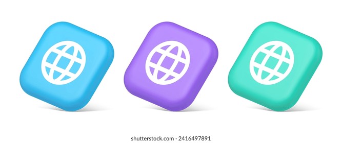 Global internet connection GPS planet button network web business communication 3d realistic blue purple and green icons. Online wireless technology grid structure data information