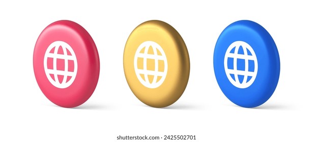 Global internet connection GPS planet button network web business communication 3d realistic blue gold and pink icons. Online wireless technology grid structure data information
