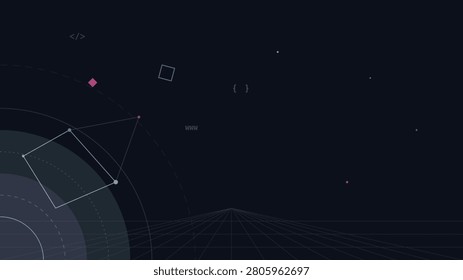 Global Internet Network Connectivity Abstract Illustration for World Wide Web Day Digital Backdrop and Professional Presentation Background Graphic Design. A minimalist futuristic digital illustration featuring coding symbols, geometric shapes, and perspective grid lines on a deep navy blue background representing cyberspace technology.