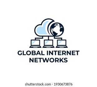 Global internet networks, computers, cloud server and planet earth, logo design. Network connection, communication technology, telecommunication and internet of things, vector design and illustration