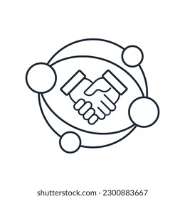 El protocolo de enlace de colaboración y recursos de internet global. Marketing Afiliado. Icono lineal vectorial aislado en fondo blanco.
