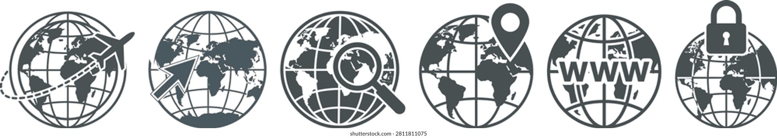 Global internet, search, location, and security icons for digital communication Collection.
