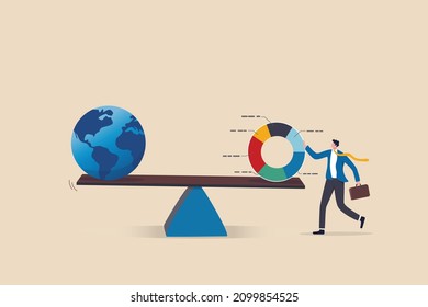 Global Investment Asset Allocation, Rebalance Portfolio For International Stocks, Bond Or Real Estate, Wealth Management Concept, Businessman Fund Manager Balance Pie Chart With Globe Or World.