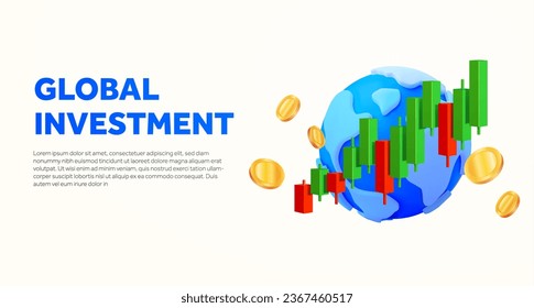 Global investment banner or landing page template with growing Japanese candle stick chart, globe and coins. 3d rendered investment, trading icon, isolated on background. 3d vector illustration.