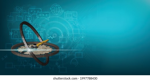 Global Investment Compass Abstract Compass against a backdrop on business and finance of the digital world and light in the dark and water ripple background