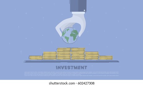 Global investment. Concept business vector for investing into ideas, creative innovative work, growing business. Flat illustration with thin broken line.
