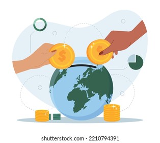 Global investment concept. Hands put coins in globe. Financial literacy and passive income. Graphs, diagrams and charts, working with statistics and infographics. Cartoon flat vector illustration