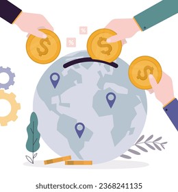Global investment, economic and financial concept. Businessmen investors hands invests money in international companies and makes profit. Analyzing map with pointers. flat vector illustration