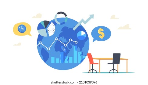Global Investment Opportunity Business Concept. Earth Globe, Analytics Graphs Pie Charts, Data, Growing Arrow, Dollar Sign, Office Table And Chairs. International Economy. Cartoon Vector Illustration