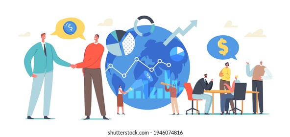 Global Investment Opportunity Concept. Businesspeople Characters Conclude Deals with Foreign Partners, Searching International Invest Solutions for Business. Cartoon People Vector Illustration