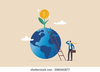 Global Investment Opportunity, World Stock Mutual Funds, International Or Worldwide Company Profit Growth Concept, Businessman About To Climb Up Ladder On Globe To Reach Money Plant.