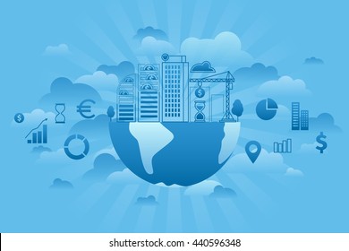 Global Investment thin line blue sky and cloud concept. Global business flat line vector illustration. Building under construction on the globe.