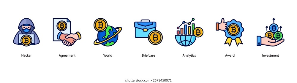 Ilustração do vetor de banner da Web do Global Investment com Hacker, Agreement, World, Briefcase, Analytics, Award e Investment.