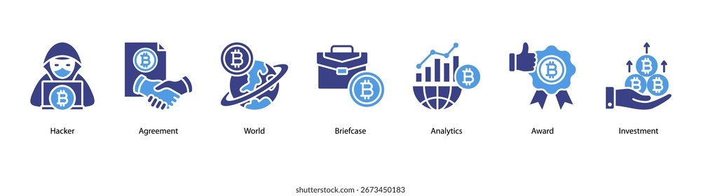 Ilustração do vetor de banner da Web do Global Investment com Hacker, Agreement, World, Briefcase, Analytics, Award e Investment.