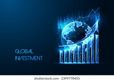 Global investment, world stock market futuristic concept with Earth globe and growth graph in glowing low polygonal style on blue background. Modern abstract design vector illustration.