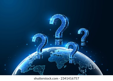 Global issues concept with Earth globe and question marks in futuristic glowing low polygonal style on dark blue background. Modern abstract connection design vector illustration.