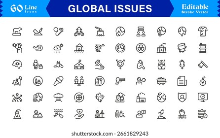 Global Issues Icon Set Featuring Environmental, Social, and Economic Symbols in Vector Style