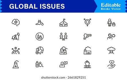 Conjunto de iconos de temas globales con símbolos ambientales, sociales y económicos en estilo de Vector
