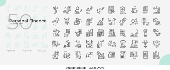 Conjunto de ícones editáveis da linha de ocorrências globais. Ilustração vetorial no estilo de linha fina moderna de ícones de questões globais: pessoal, finanças, renda, investimento, orçamento, etc