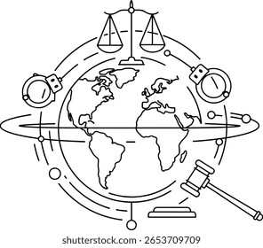 Ilustração da justiça global e da aplicação da lei