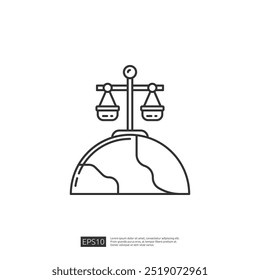 Global Justice. Line Art Icon of Scales of Justice Over World Globe