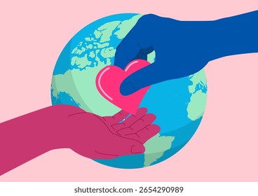 Global Kindness and Charity Concept, coração compartilhando mãos com a ilustração da terra, Dia Internacional da Caridade