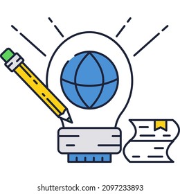 Global knowledge icon. Vector lightbulb lamp, earth globe, pencil and degree diploma certificate isolated on white background