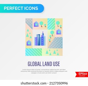 Global Land Use Gradient Flat Icon. Deforestation, Agriculture, Industrial Damage, Livestock, Overpopulated Cities. Vector Illustration.