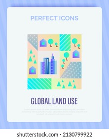 Global Land Use Gradient Flat Icon. Deforestation, Agriculture, Industrial Damage, Livestock, Overpopulated Cities. Vector Illustration.