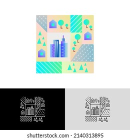 Global Land Use Gradient Flat Icon. Deforestation, Agriculture, Industrial Damage, Livestock, Overpopulated Cities. Vector Illustration.