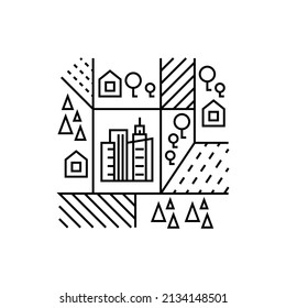 Global Land Use Thin Line Icon. Deforestation, Agriculture, Industrial Damage, Livestock, Overpopulated Cities. Vector Illustration.