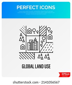 Global Land Use Thin Line Icon. Deforestation, Agriculture, Industrial Damage, Livestock, Overpopulated Cities. Vector Illustration.