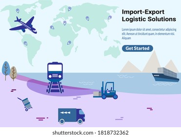 Global import-export logistic industry website landing page.  Seashore scenery with cargo train, containers on freight vessel, forklift, truck on the beach and air freighter in clear sky illustration