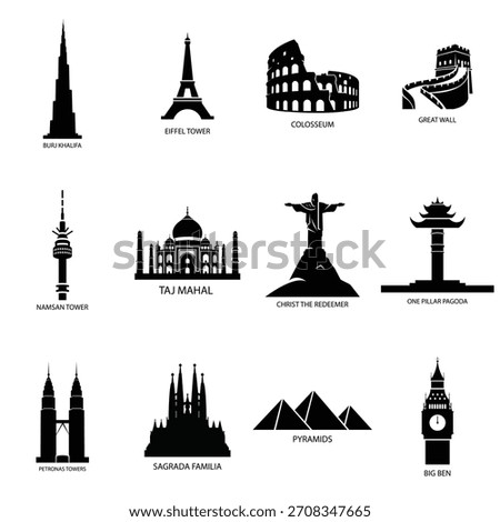 Global Landmark Silhouette Set — Iconic World Monuments in Minimal Black Vector Style Featuring Eiffel Tower, Burj Khalifa, Taj Mahal, Colosseum, Pyramids More